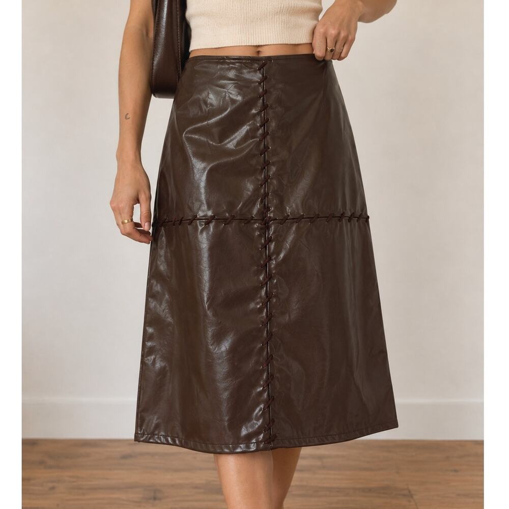 To the Max! Brown Faux Leather Midi Skirt Size Small Whipstitch Y2K Whimsigoth